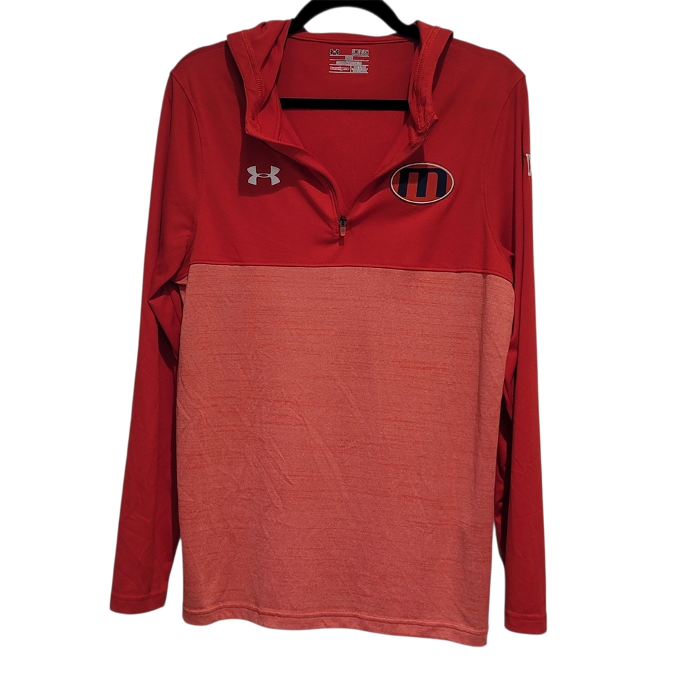 Under Armour Running Shirt Men Medium Red 1/4 Zip Hoodie Heat Gear Pullover - Picture 2 of 4